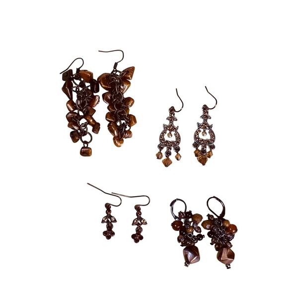 Bundle of 4 Brown Crystal & Bead Cluster Earrings Vintage Style Boho Statement - Picture 1 of 10